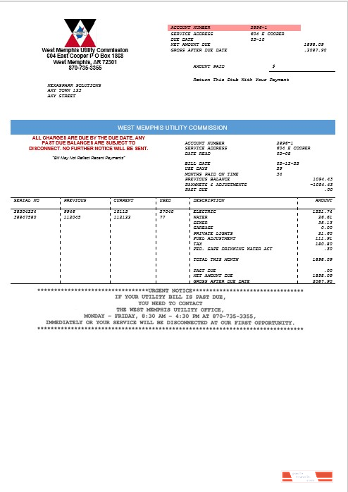 USA West Memphis business utility commission utility bill Word and PDF template PSD template